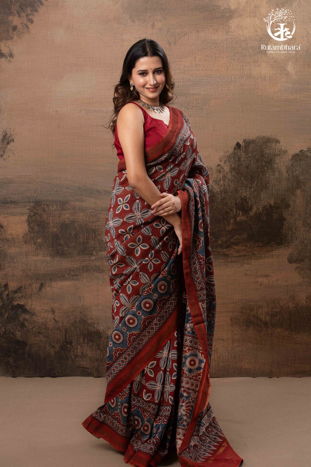 Ushraa - Red & Indigo Symphony – Ajrakh Print With Gold Zari Border