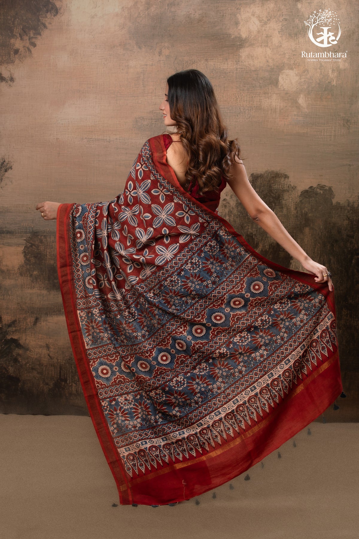 Ushraa - Red & Indigo Symphony – Ajrakh Print With Gold Zari Border