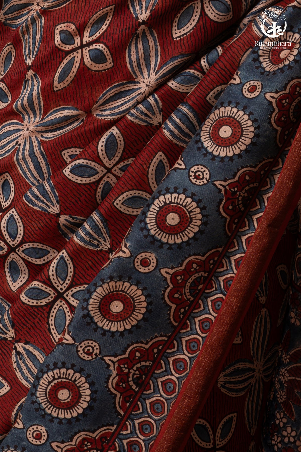 Ushraa - Red & Indigo Symphony – Ajrakh Print With Gold Zari Border
