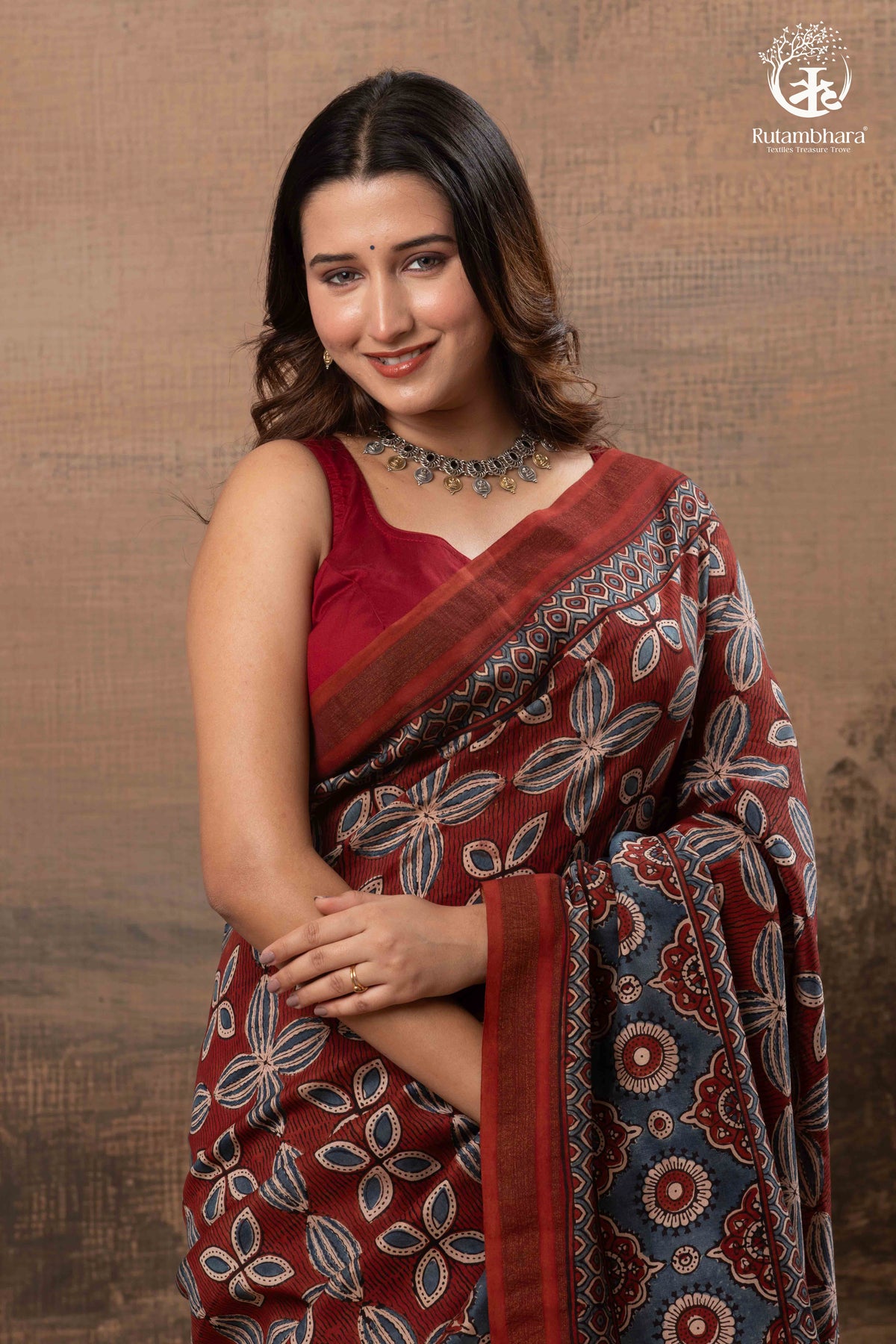 Ushraa - Red & Indigo Symphony – Ajrakh Print With Gold Zari Border