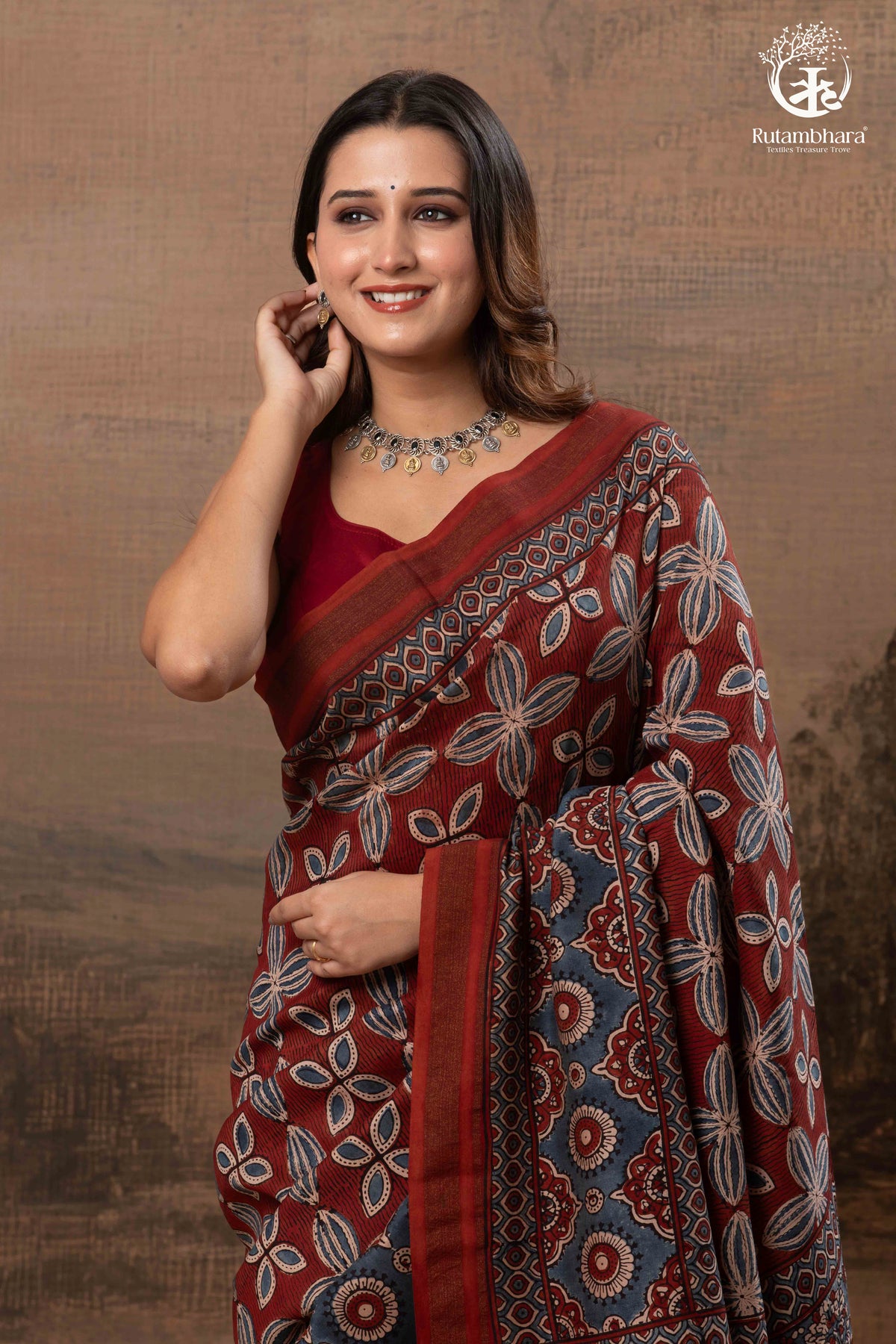 Ushraa - Red & Indigo Symphony – Ajrakh Print With Gold Zari Border