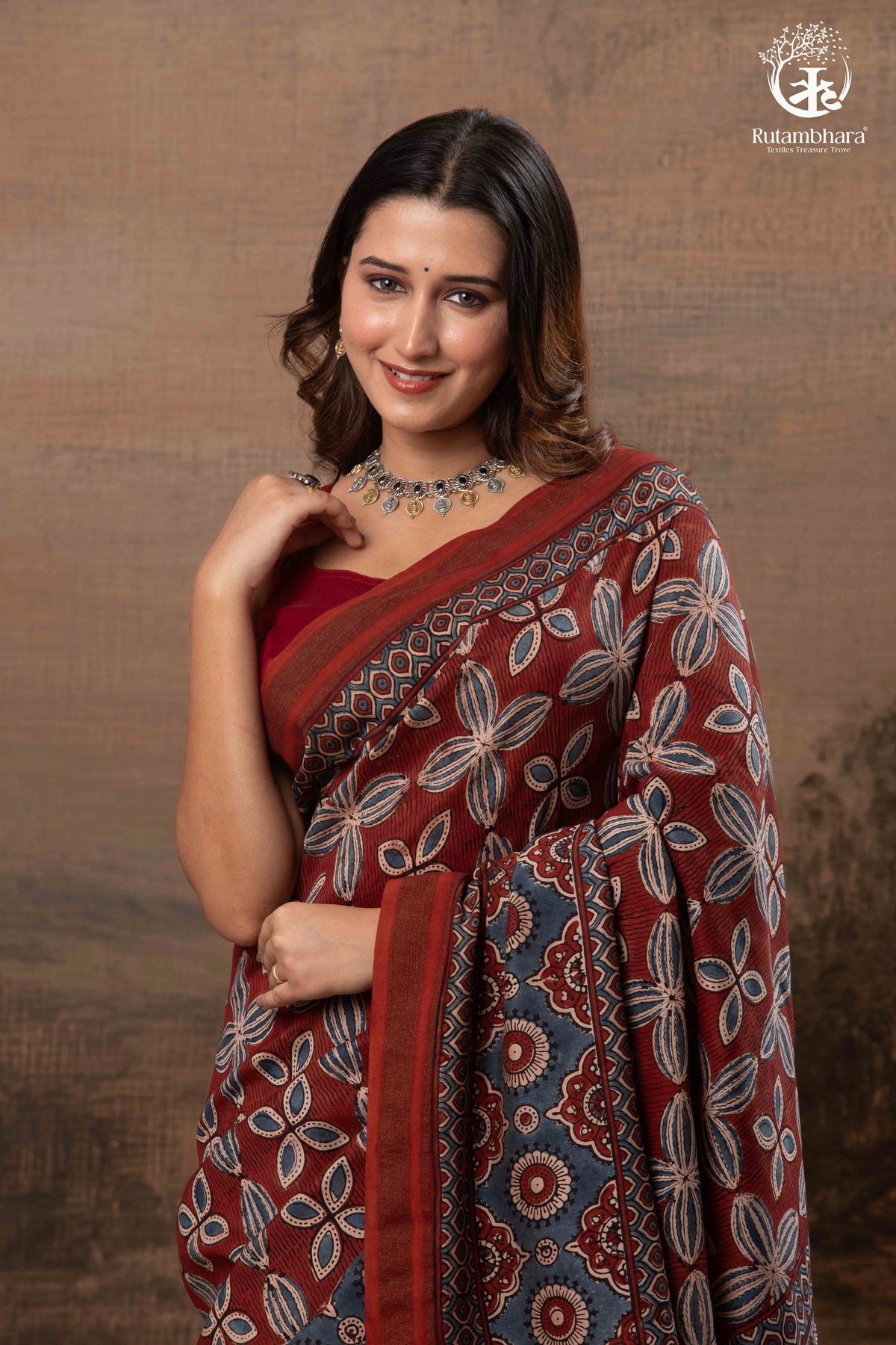 Ushraa - Red & Indigo Symphony – Ajrakh Print With Gold Zari Border