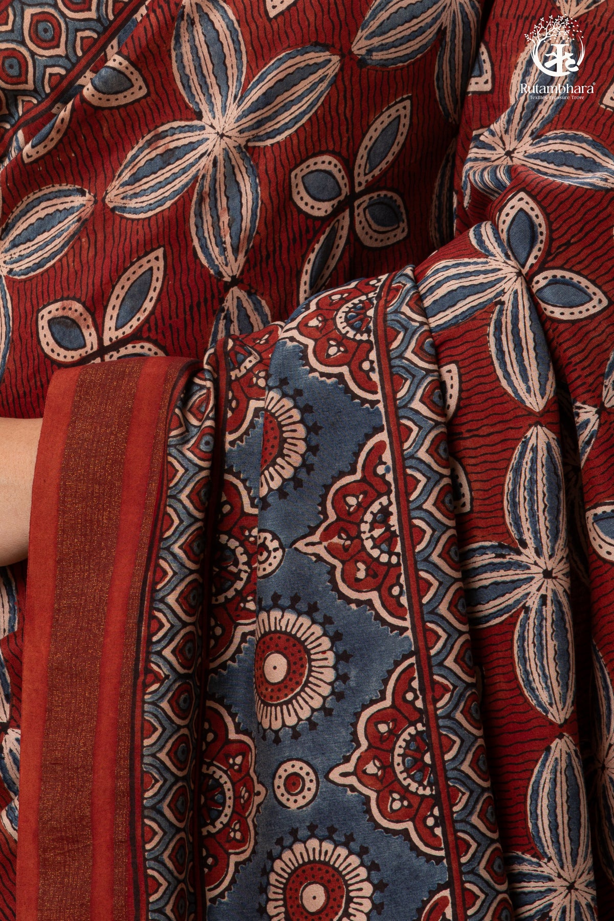 Ushraa - Red & Indigo Symphony – Ajrakh Print With Gold Zari Border