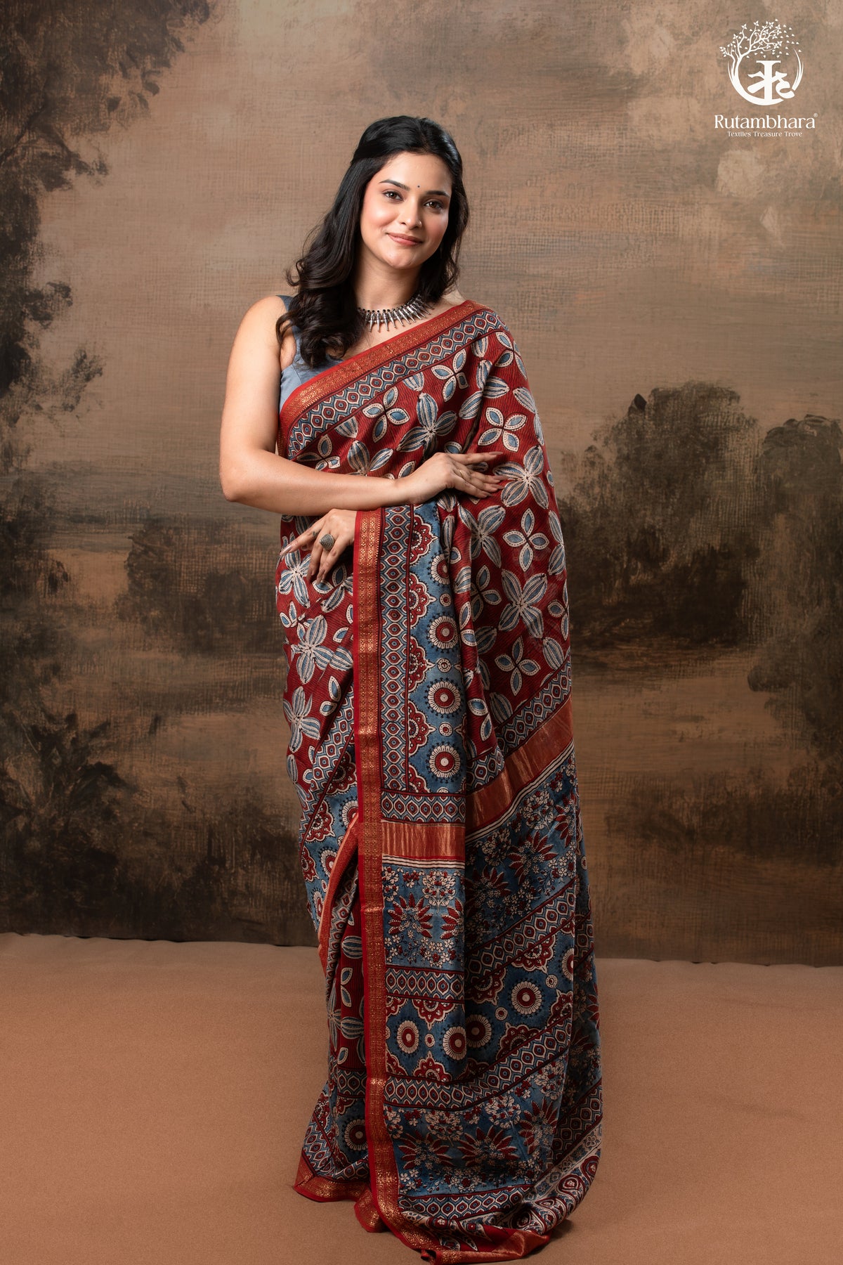 Ushraa - Rust & Indigo Ajrakh in Gajji Silk With Chanderi Small Zari Border