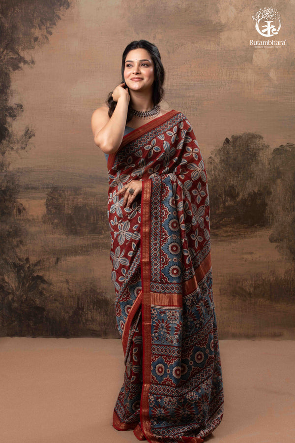 Ushraa - Rust & Indigo Ajrakh in Gajji Silk With Chanderi Small Zari Border-RUTAMBHARA-RUTAMBHARA