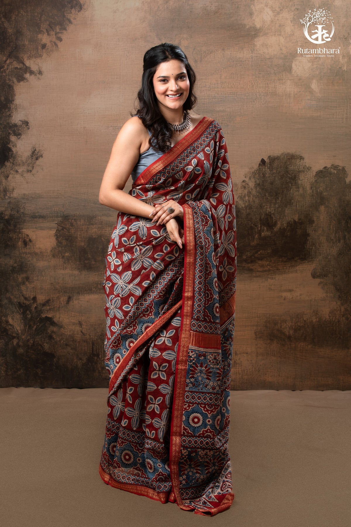 Ushraa - Rust & Indigo Ajrakh in Gajji Silk With Chanderi Small Zari Border