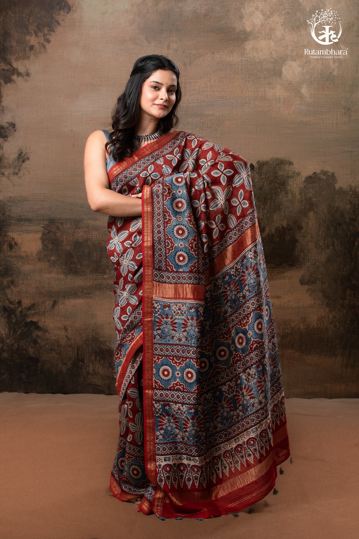 Ushraa - Rust & Indigo Ajrakh in Gajji Silk With Chanderi Small Zari Border