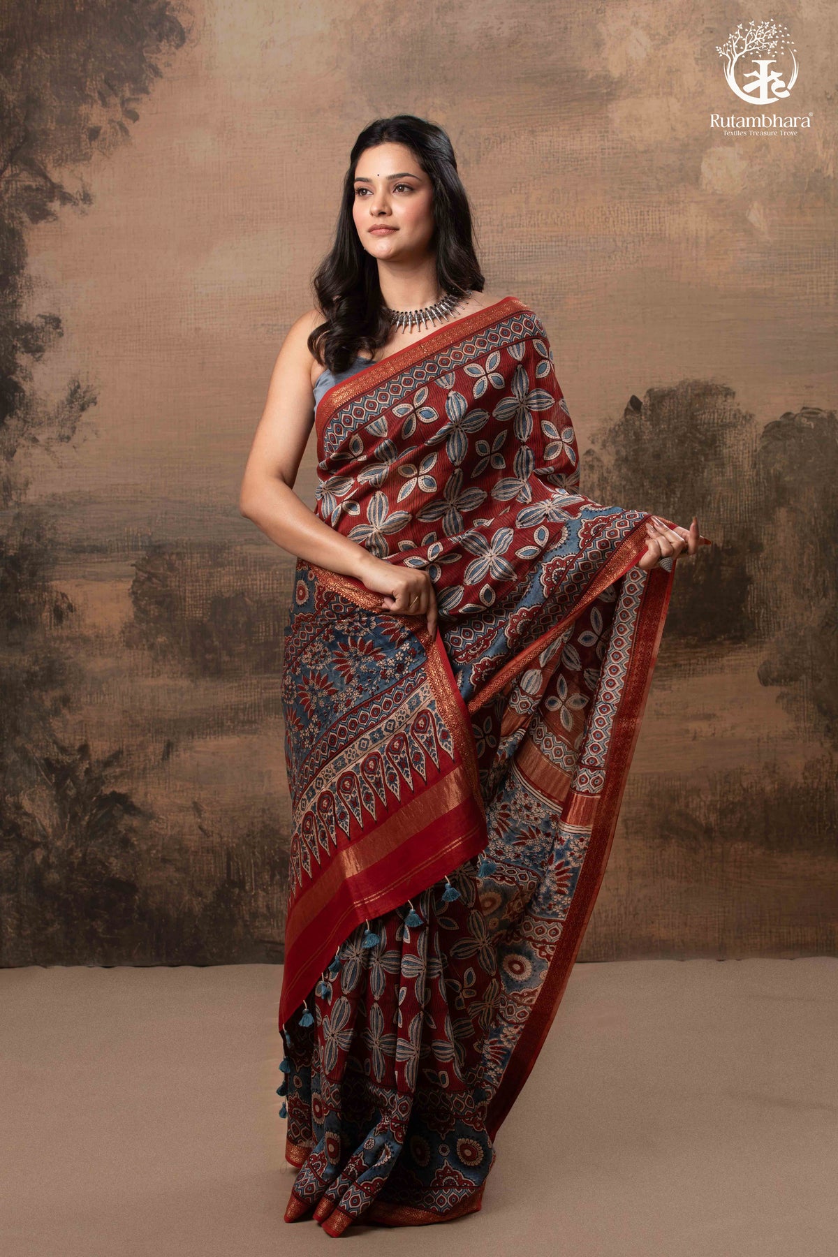 Ushraa - Rust & Indigo Ajrakh in Gajji Silk With Chanderi Small Zari Border