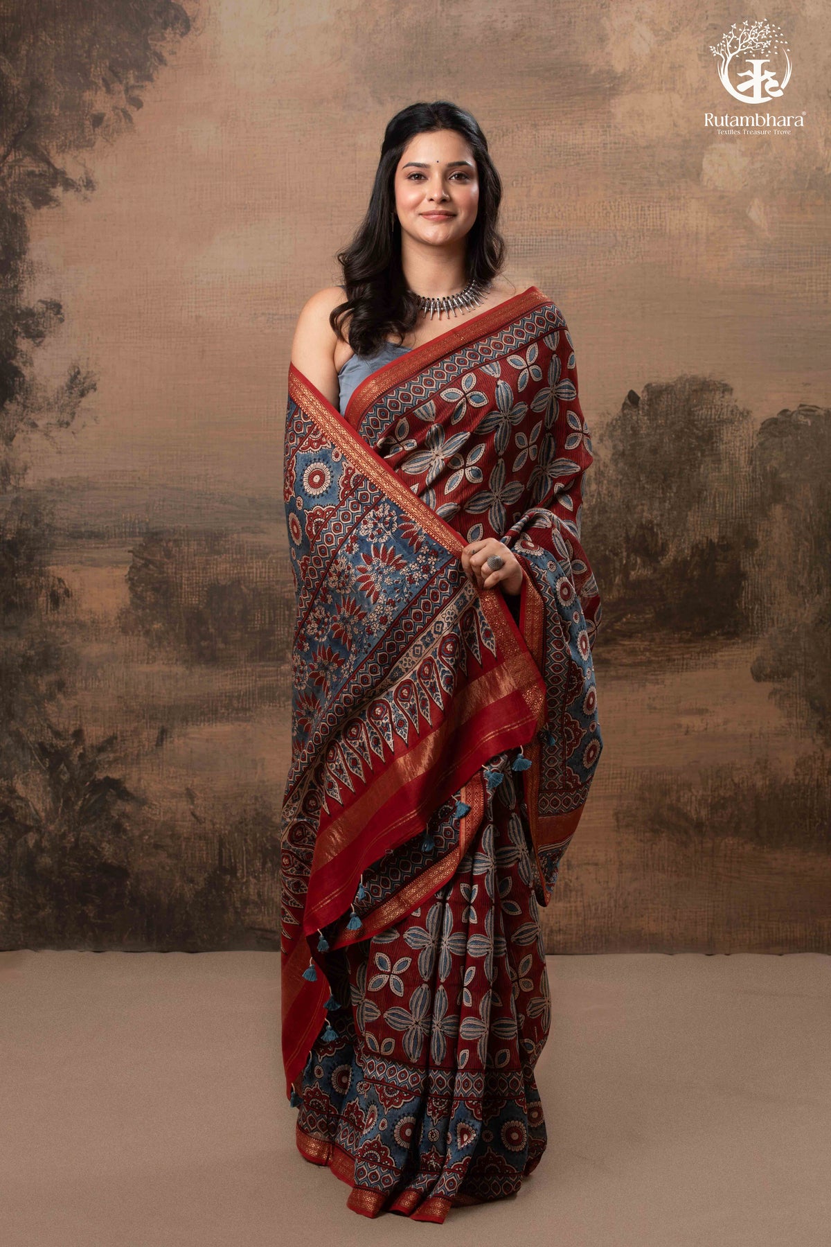 Ushraa - Rust & Indigo Ajrakh in Gajji Silk With Chanderi Small Zari Border