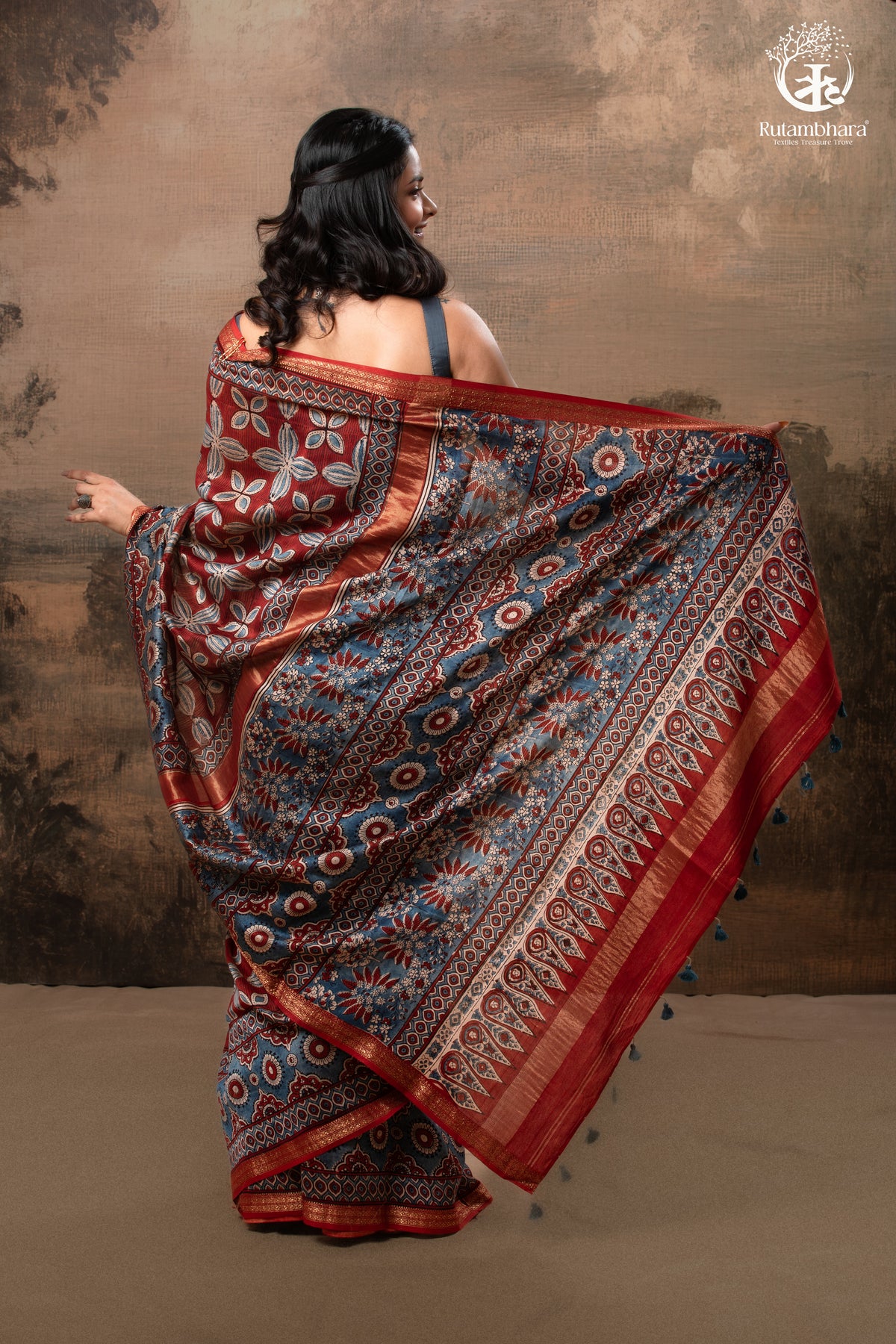 Ushraa - Rust & Indigo Ajrakh in Gajji Silk With Chanderi Small Zari Border
