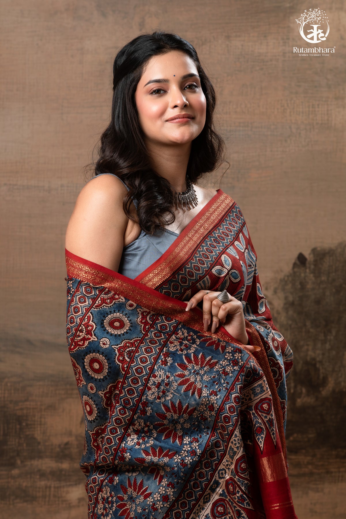 Ushraa - Rust & Indigo Ajrakh in Gajji Silk With Chanderi Small Zari Border