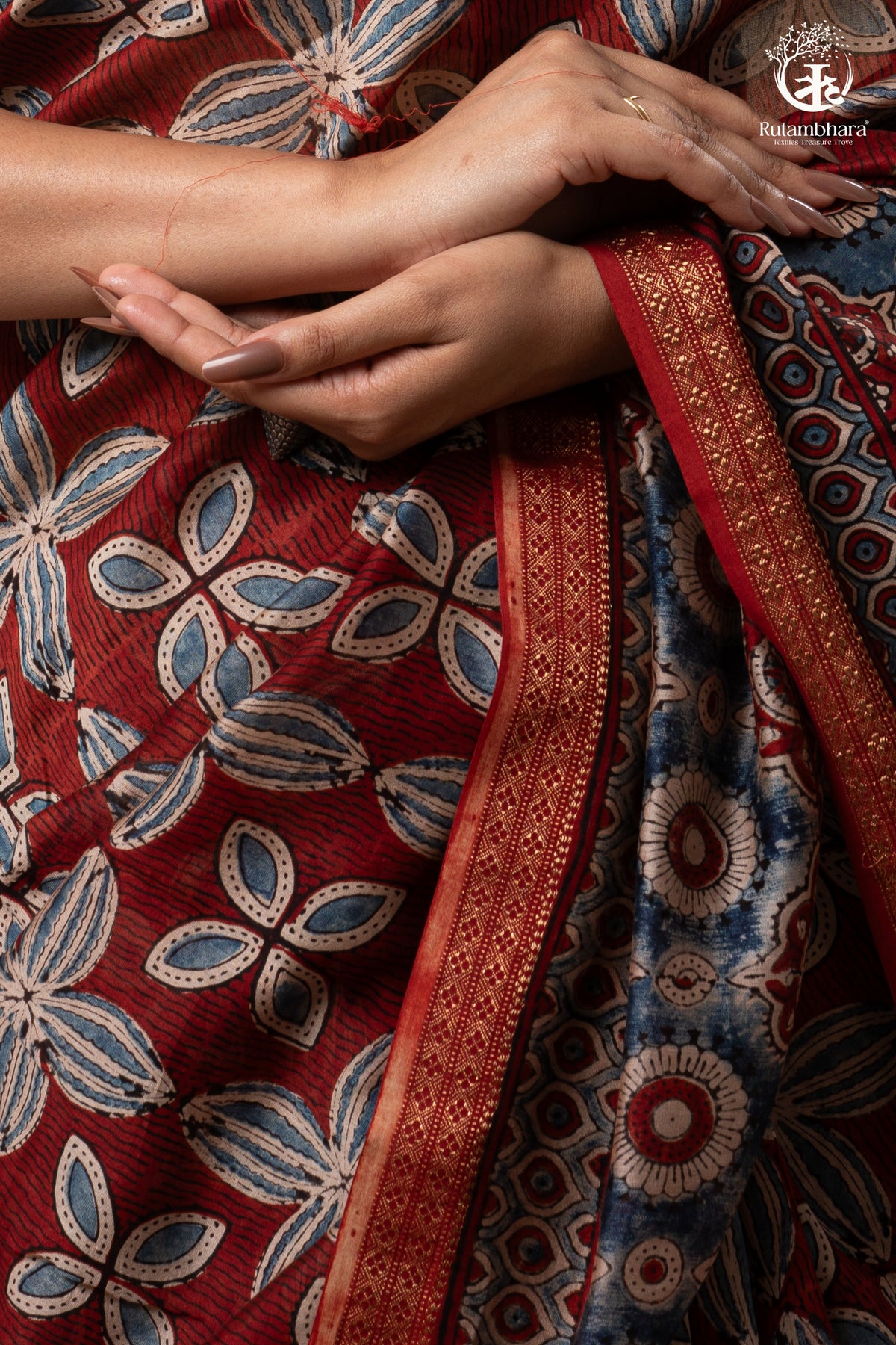 Ushraa - Rust & Indigo Ajrakh in Gajji Silk With Chanderi Small Zari Border