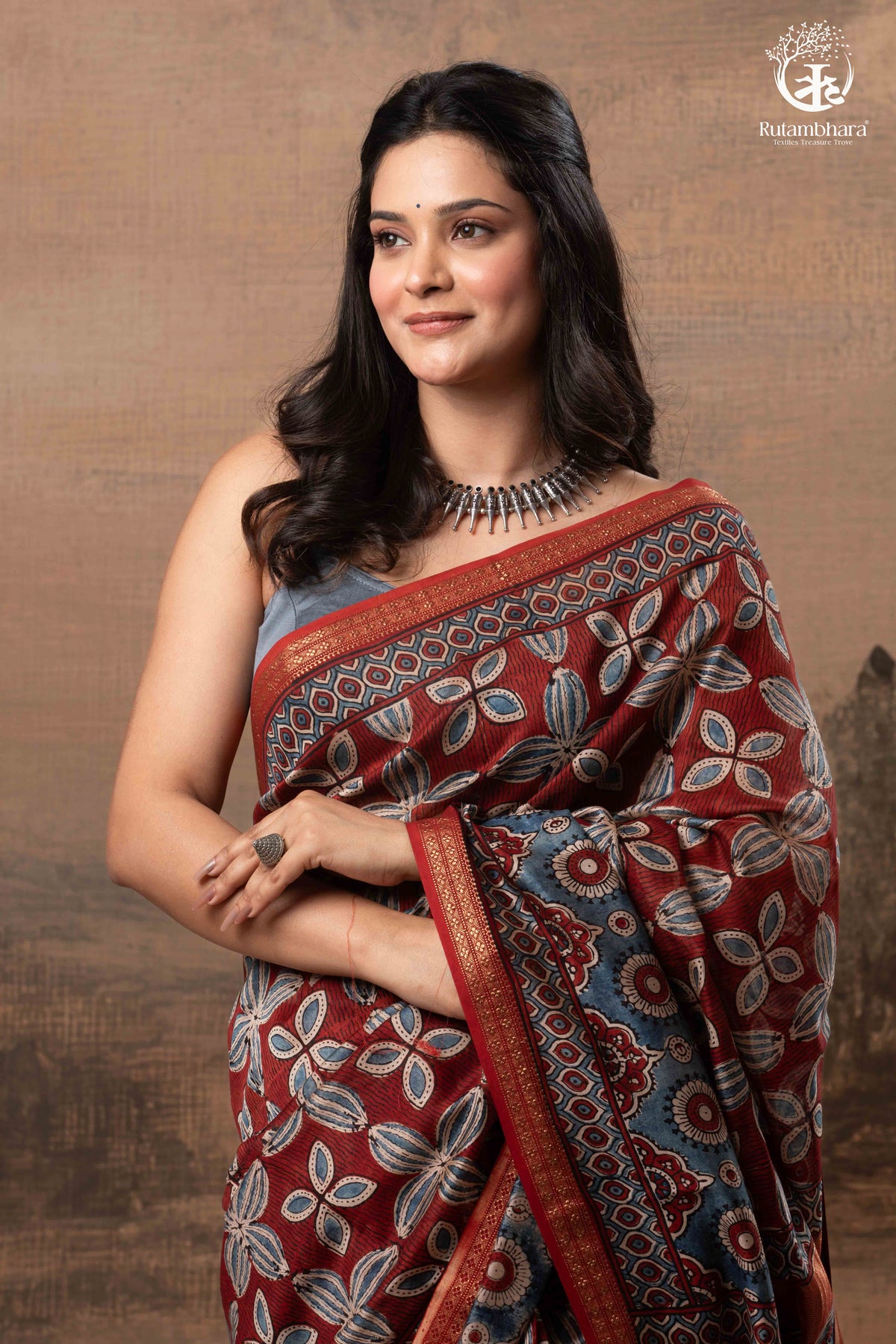 Ushraa - Rust & Indigo Ajrakh in Gajji Silk With Chanderi Small Zari Border