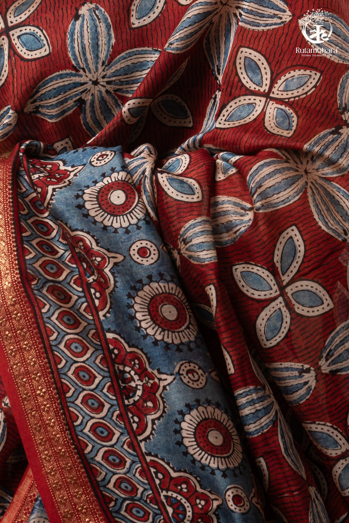 Ushraa - Rust & Indigo Ajrakh in Gajji Silk With Chanderi Small Zari Border