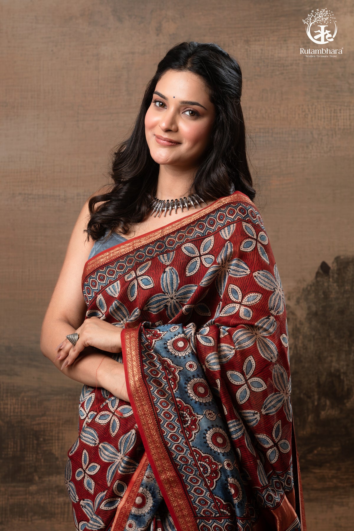Ushraa - Rust & Indigo Ajrakh in Gajji Silk With Chanderi Small Zari Border