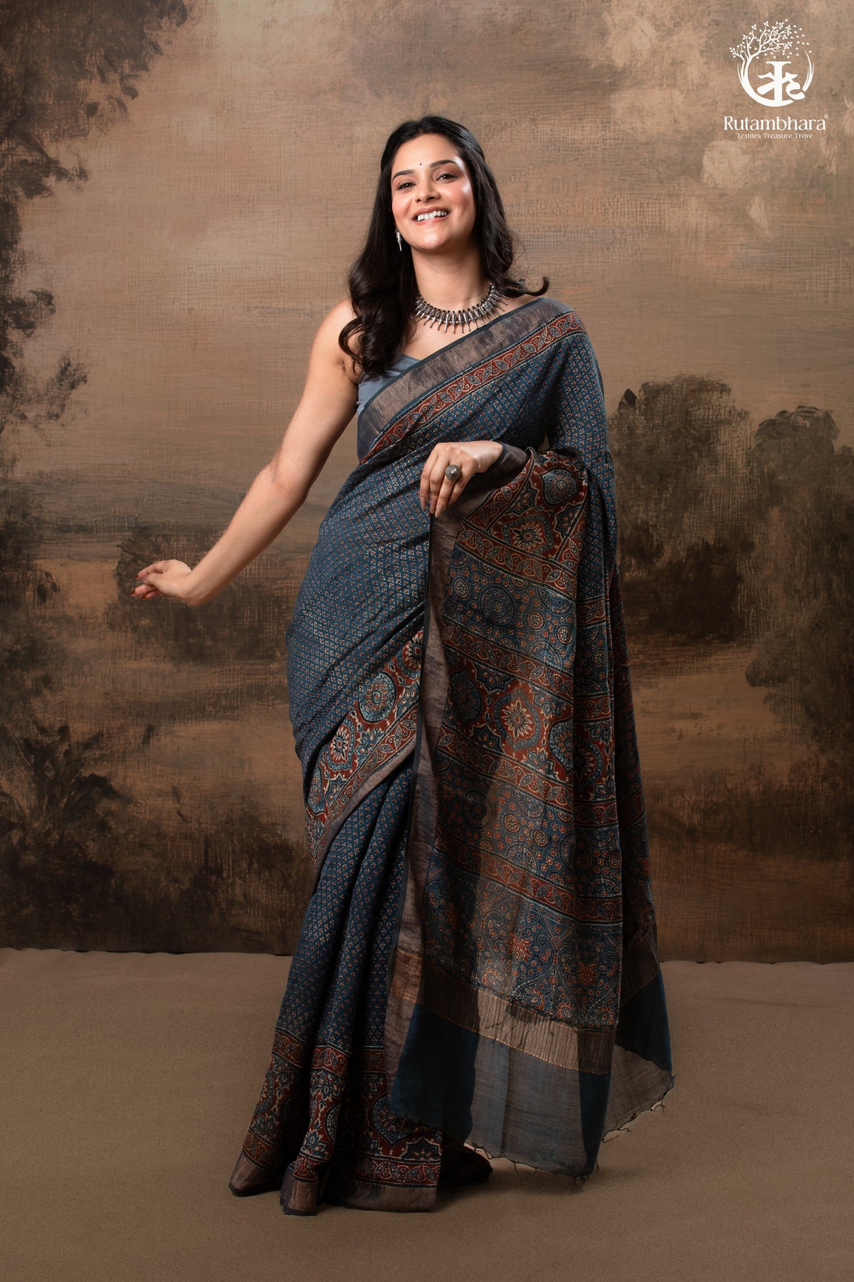 Ushraa - Indigo Ajrakh Hand Block Printed Saree With Muted Zari Border