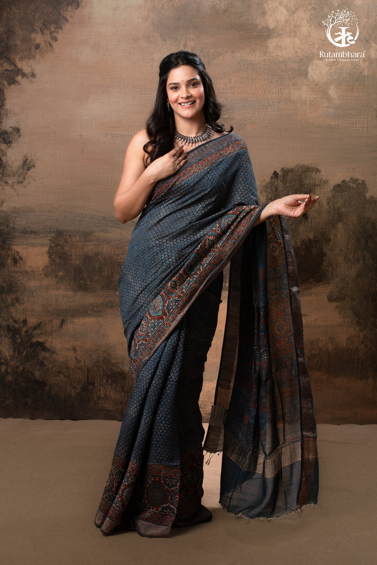 Ushraa - Indigo Ajrakh Hand Block Printed Saree With Muted Zari Border