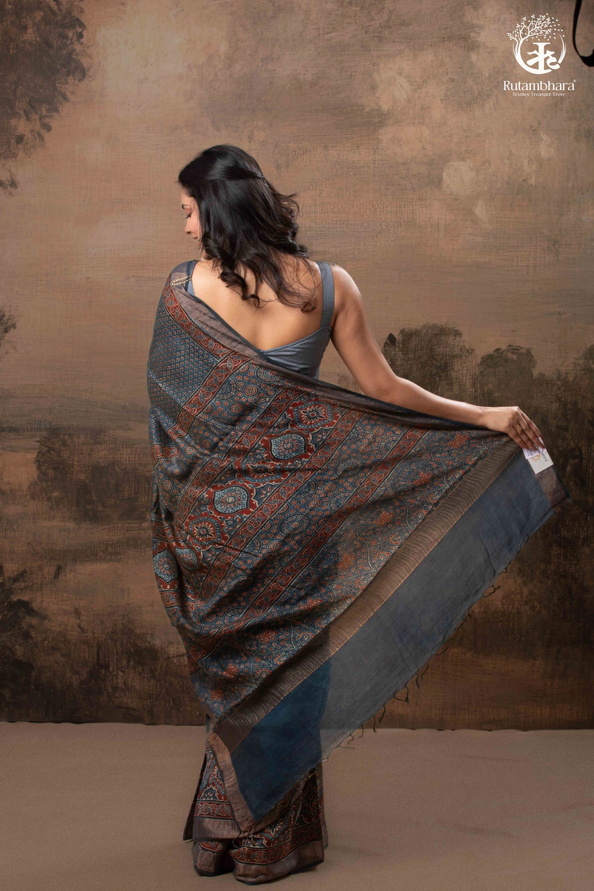 Ushraa - Indigo Ajrakh Hand Block Printed Saree With Muted Zari Border