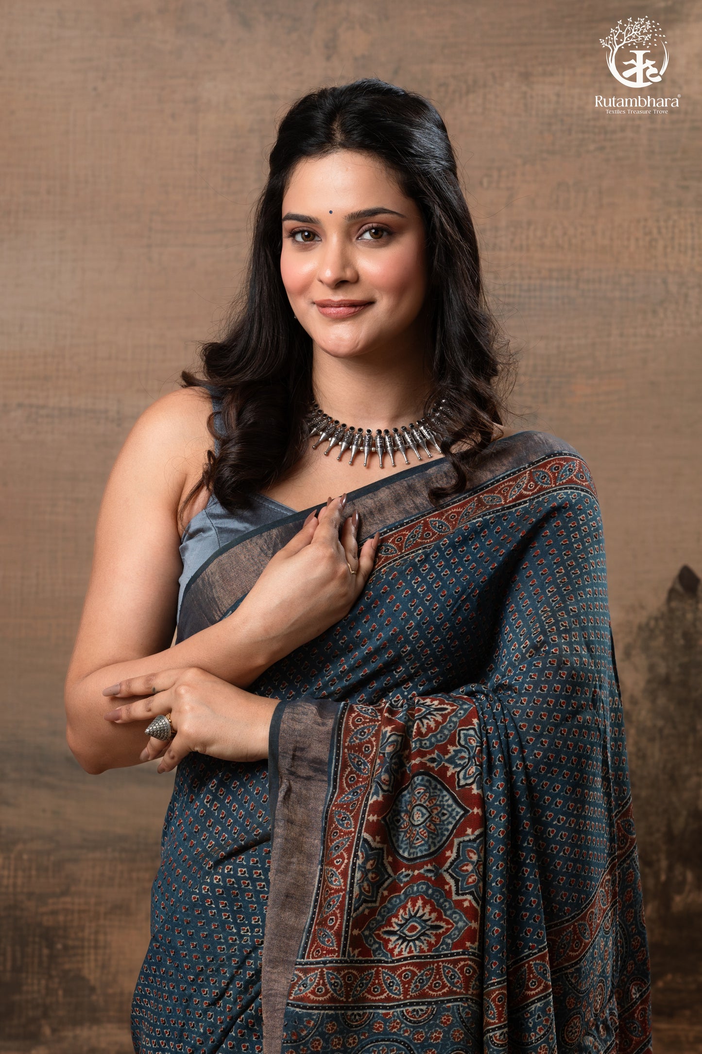 Ushraa - Indigo Ajrakh Hand Block Printed Saree With Muted Zari Border