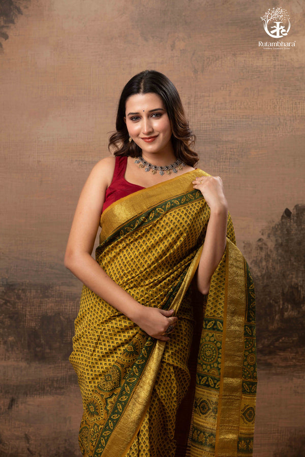 Ushraa - Mustard Gold Green Ajrakh HandBlock Golden Zari Border Saree-RUTAMBHARA-RUTAMBHARA