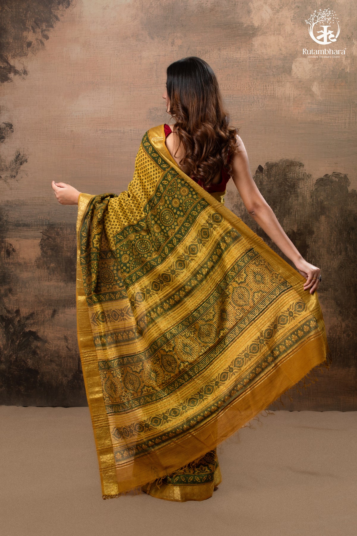 Ushraa - Mustard Gold Green Ajrakh HandBlock Golden Zari Border Saree