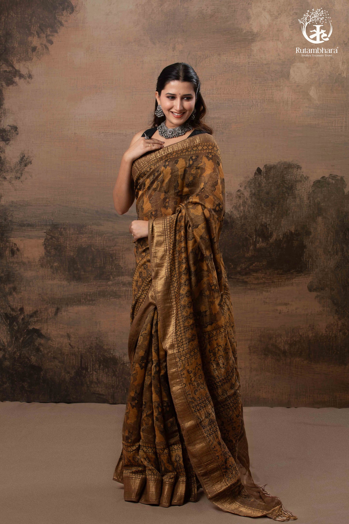 Ushraa - Burnt Ochre Ajrakh Cotton Silk Saree With Gold Zari Border