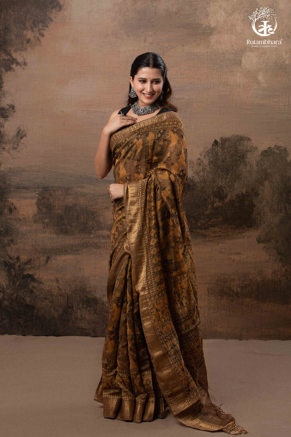 Ushraa - Burnt Ochre Ajrakh Cotton Silk Saree With Gold Zari Border-RUTAMBHARA-RUTAMBHARA
