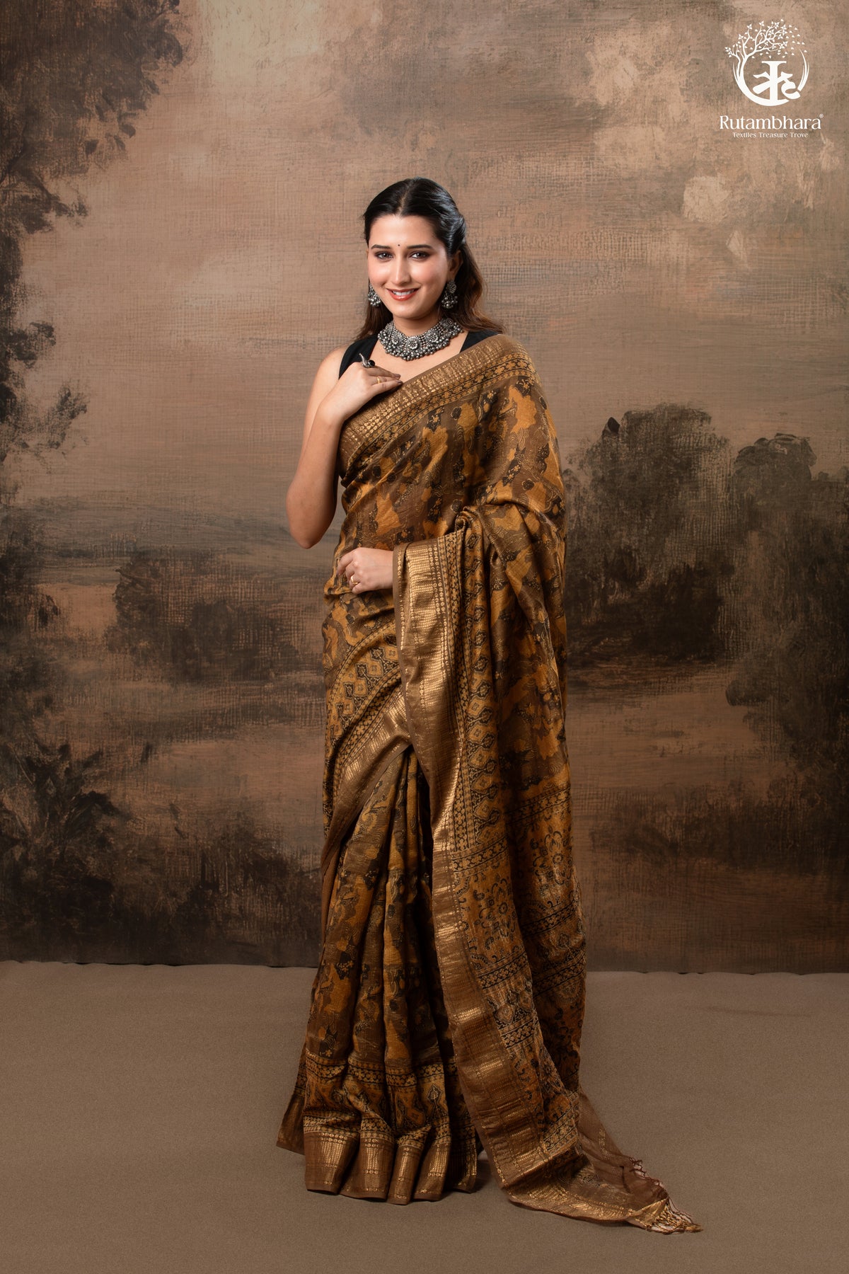 Ushraa - Burnt Ochre Ajrakh Cotton Silk Saree With Gold Zari Border