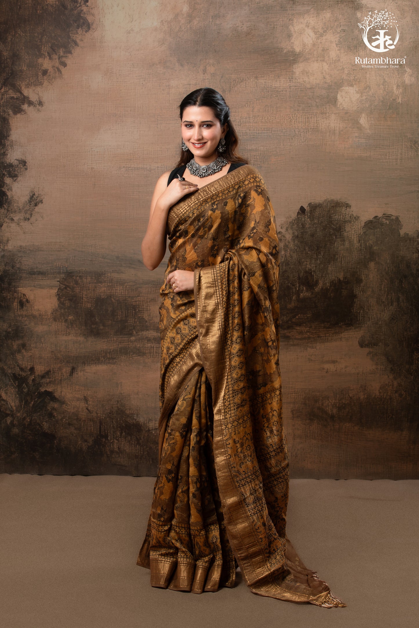 Ushraa - Burnt Ochre Ajrakh Cotton Silk Saree With Gold Zari Border