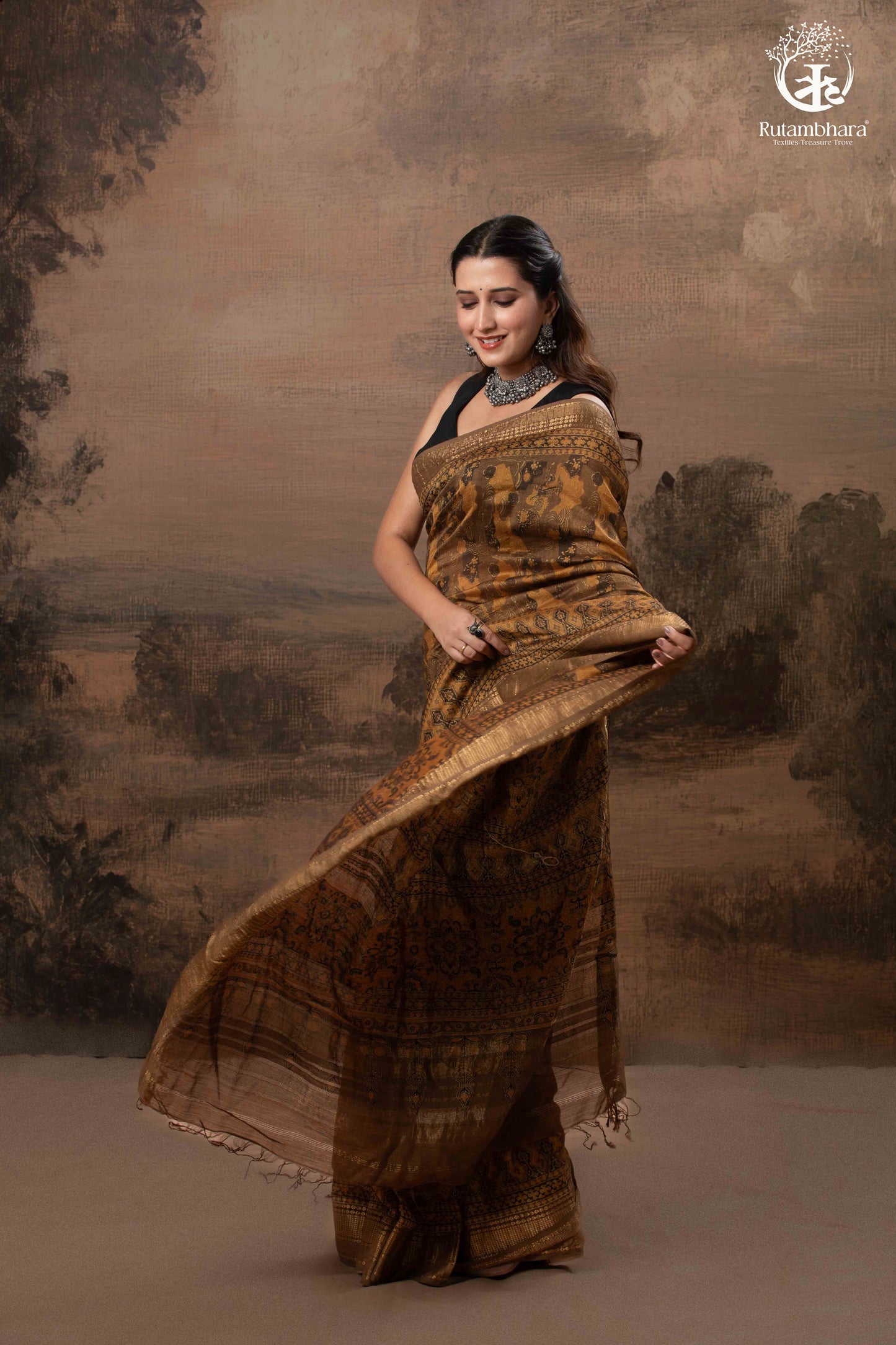 Ushraa - Burnt Ochre Ajrakh Cotton Silk Saree With Gold Zari Border
