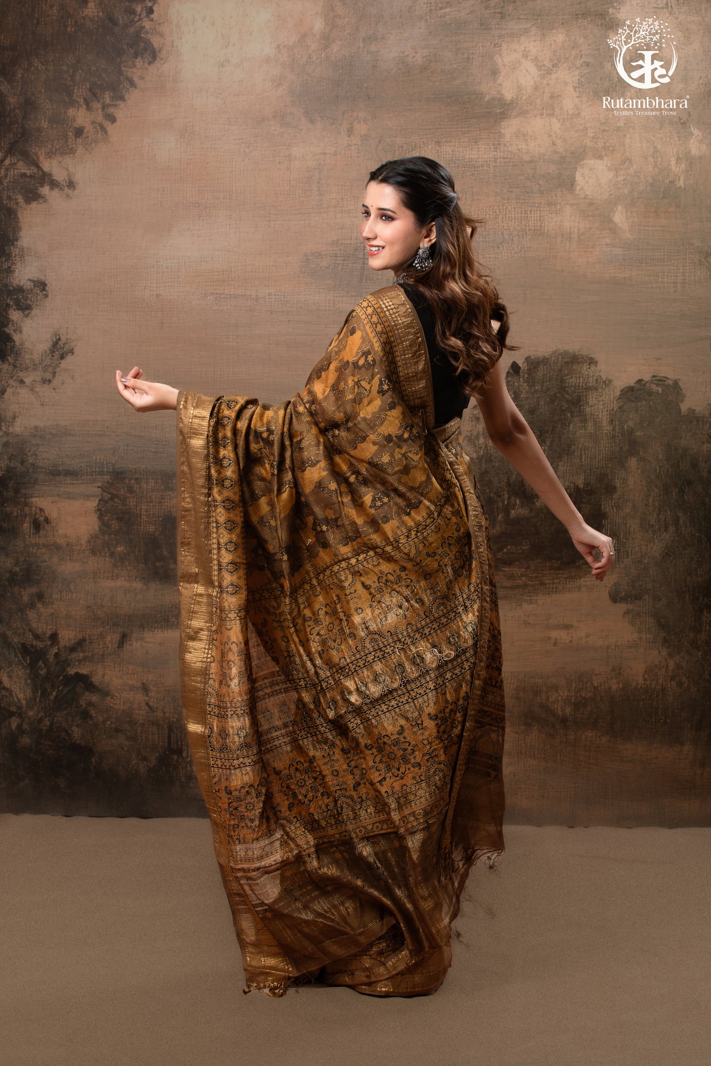 Ushraa - Burnt Ochre Ajrakh Cotton Silk Saree With Gold Zari Border