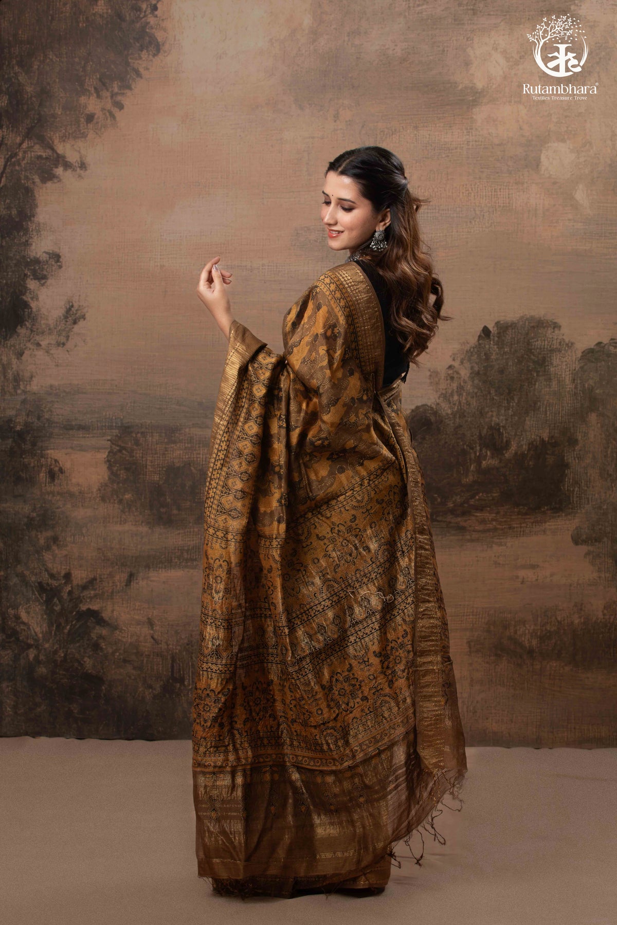 Ushraa - Burnt Ochre Ajrakh Cotton Silk Saree With Gold Zari Border