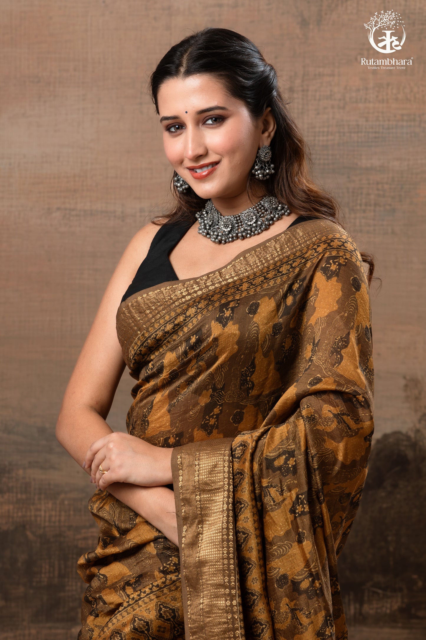 Ushraa - Burnt Ochre Ajrakh Cotton Silk Saree With Gold Zari Border
