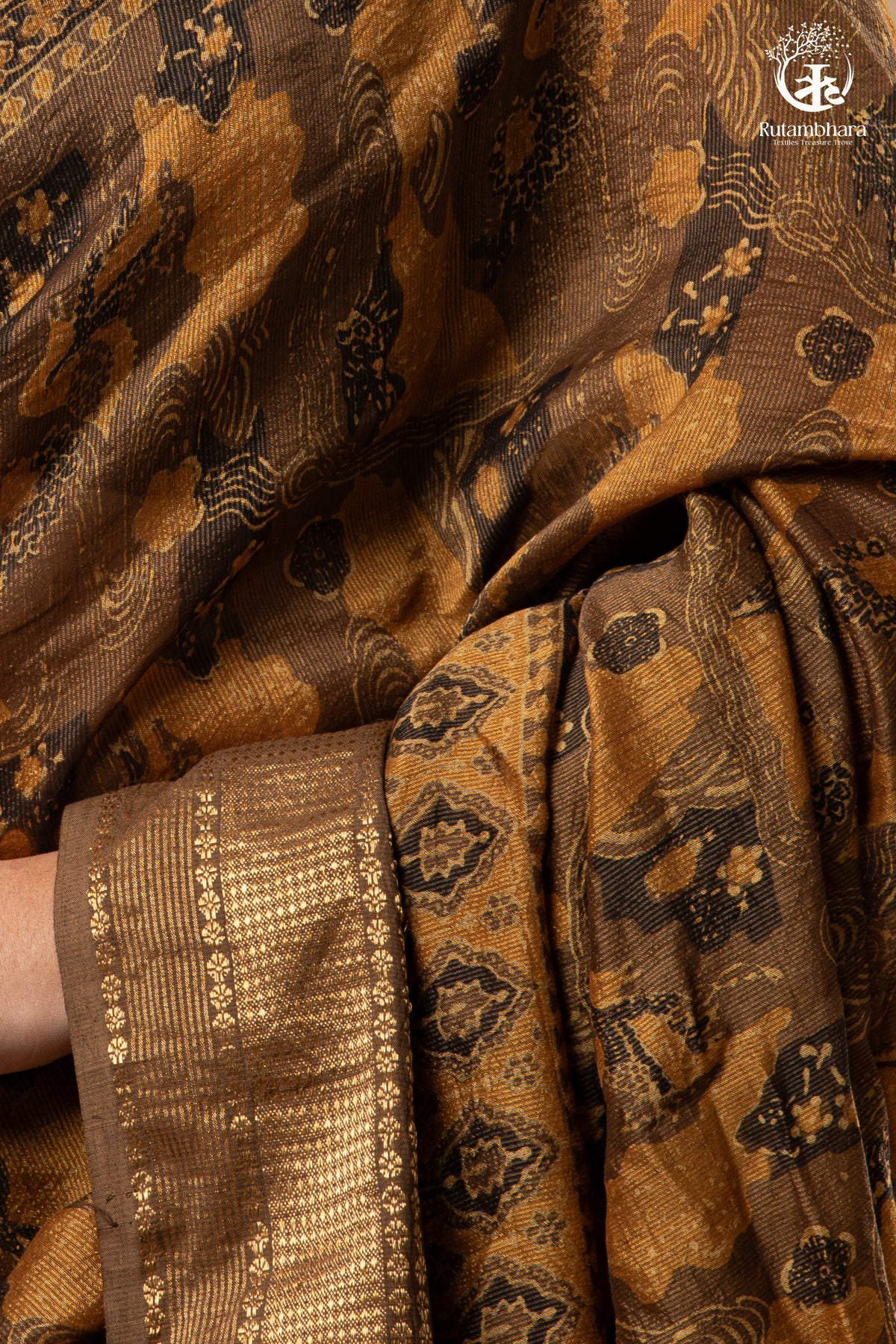 Ushraa - Burnt Ochre Ajrakh Cotton Silk Saree With Gold Zari Border