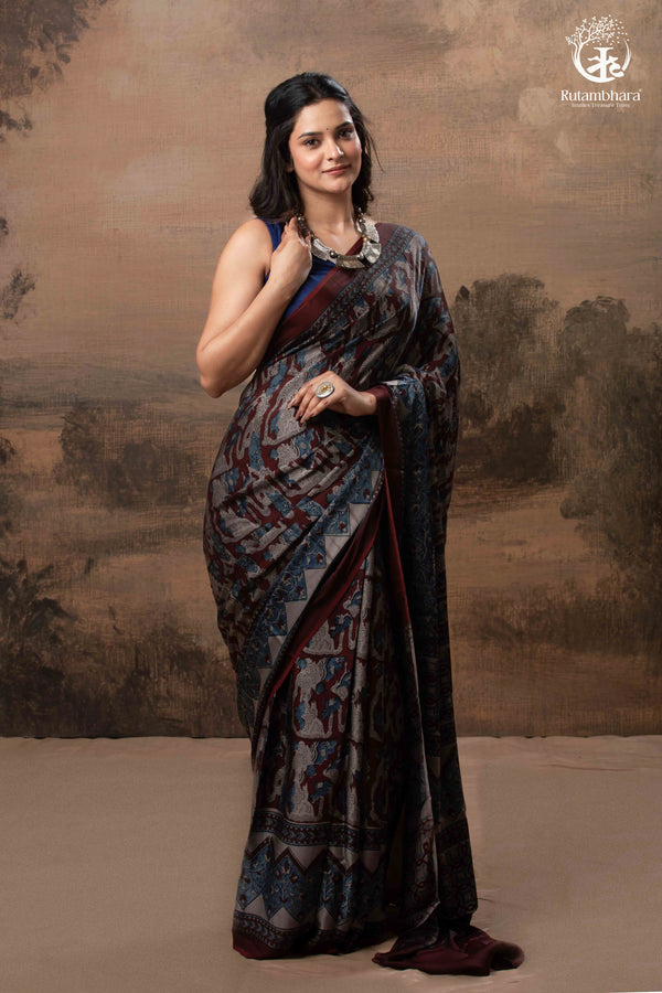 Ushraa - Grey Maroon Handcrafted Ajrakh Modal Silk Saree-RUTAMBHARA-RUTAMBHARA