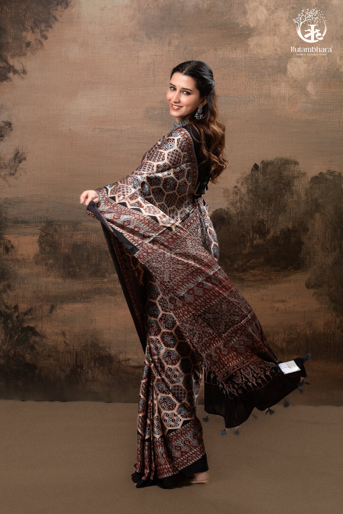 Ushraa - Blush Beige Handcrafted Ajrakh Modal Silk Saree