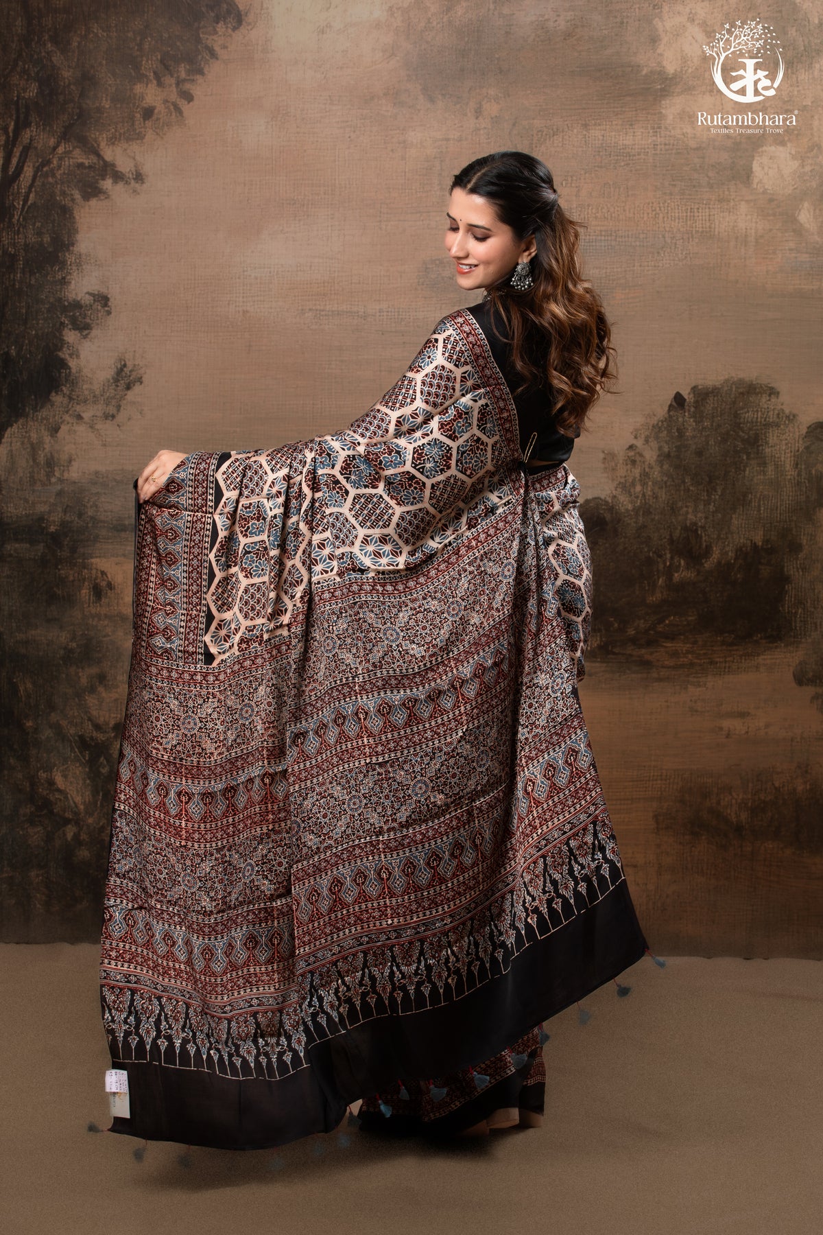 Ushraa - Blush Beige Handcrafted Ajrakh Modal Silk Saree