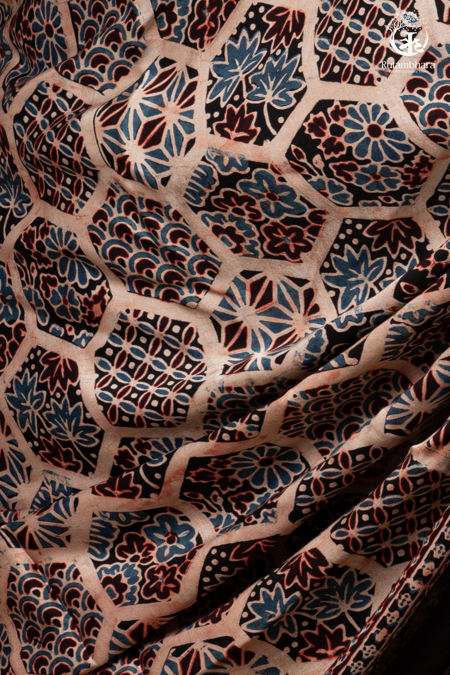 Ushraa - Blush Beige Handcrafted Ajrakh Modal Silk Saree