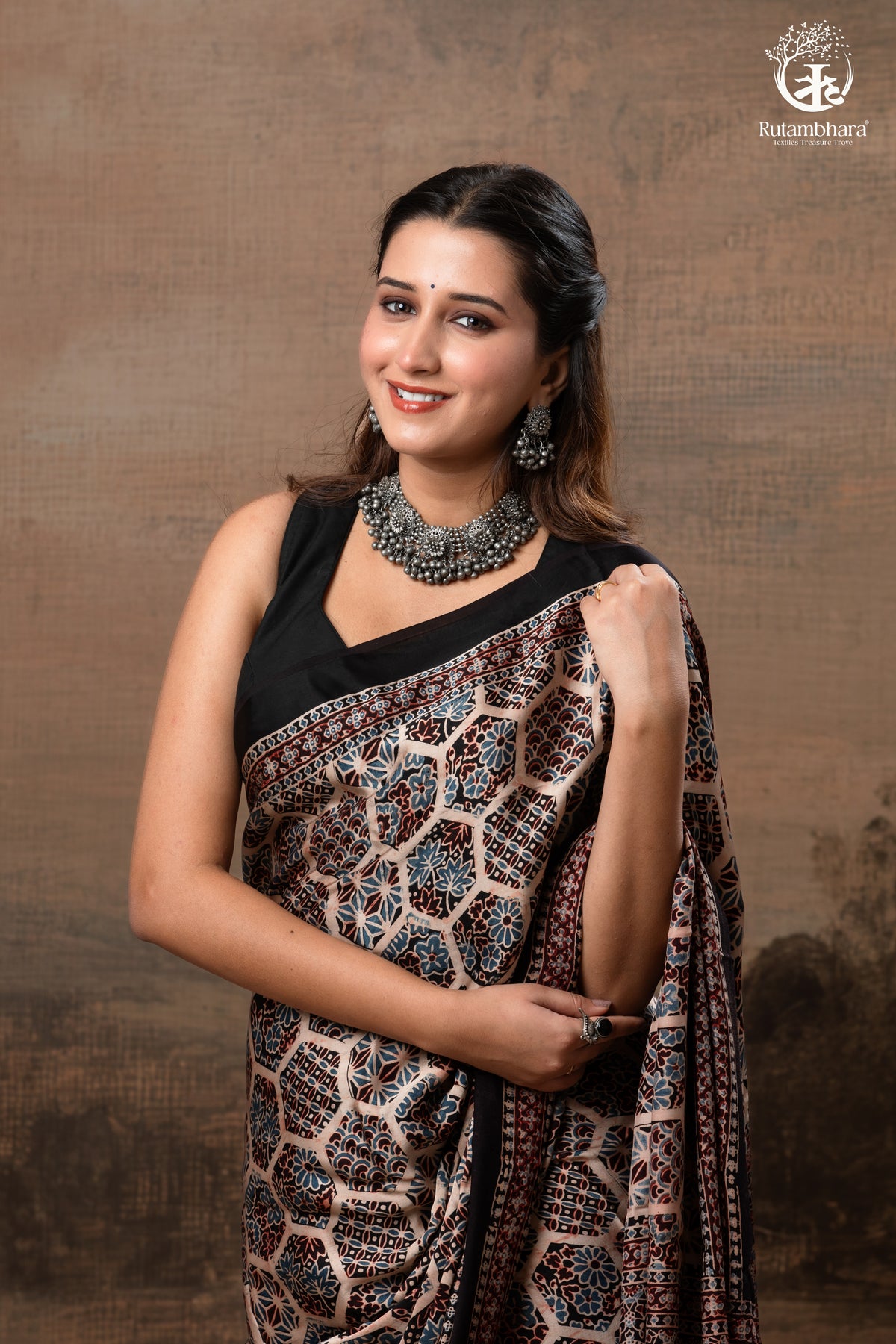Ushraa - Blush Beige Handcrafted Ajrakh Modal Silk Saree