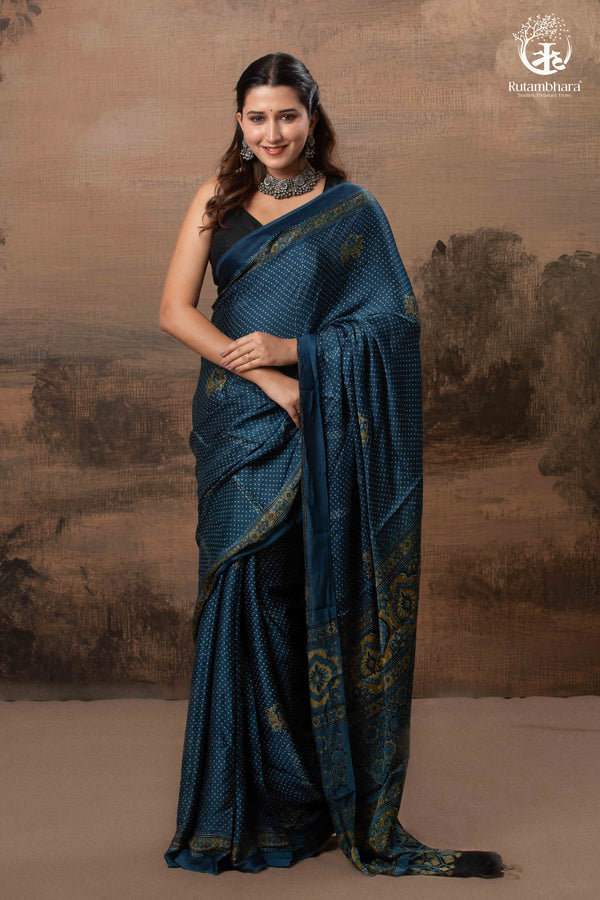 Ushraa - Indigo Polka Dot Ajrakh Hand Block Printed Saree in Modal Silk-RUTAMBHARA-RUTAMBHARA