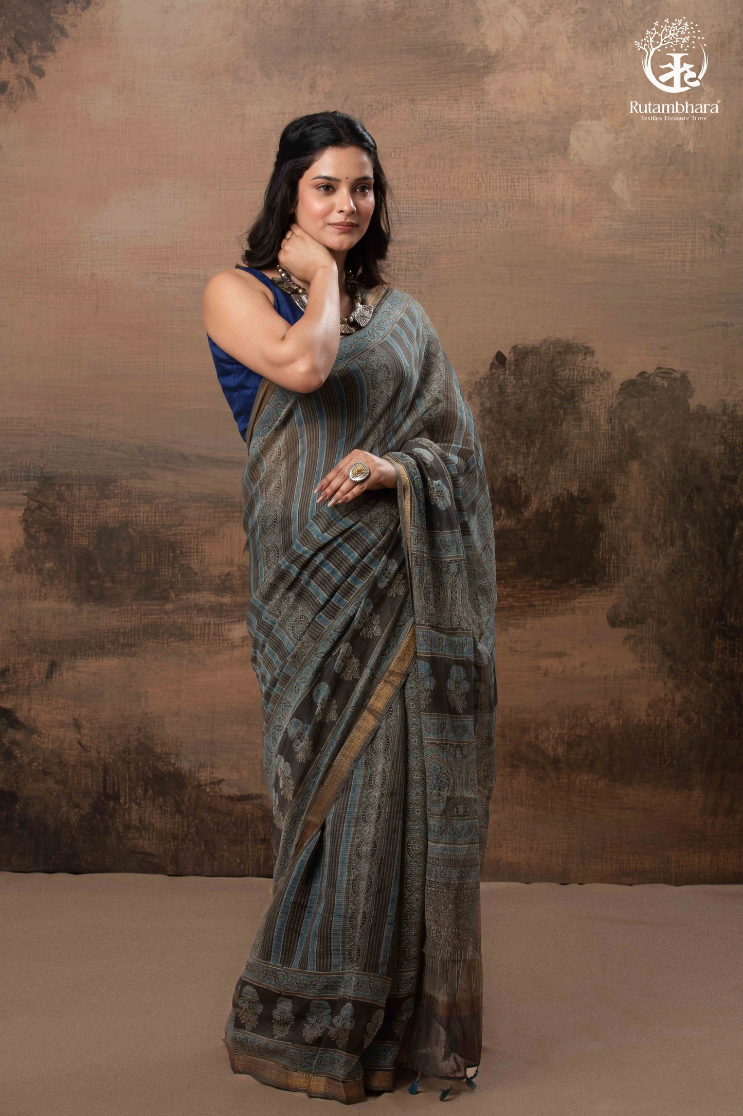 Ushraa - Ajrakh Print Kota Silk Saree with Vintage Stripes & Zari Border