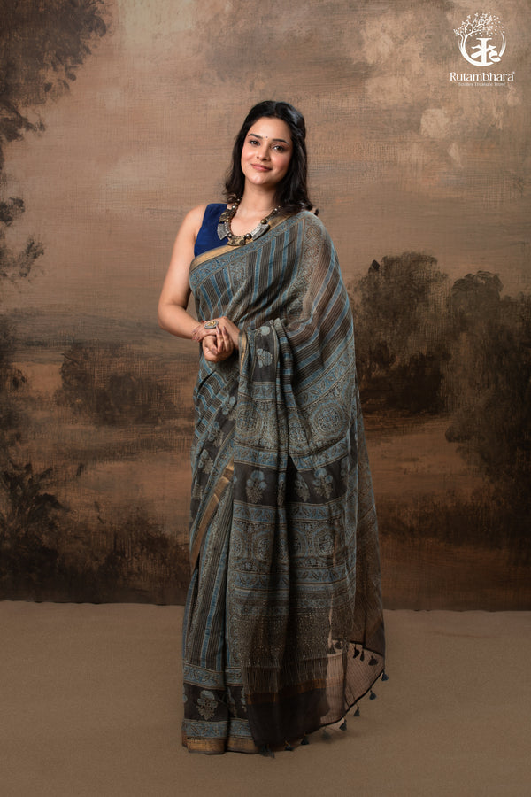 Ushraa - Ajrakh Print Kota Silk Saree with Vintage Stripes & Zari Border-RUTAMBHARA-RUTAMBHARA