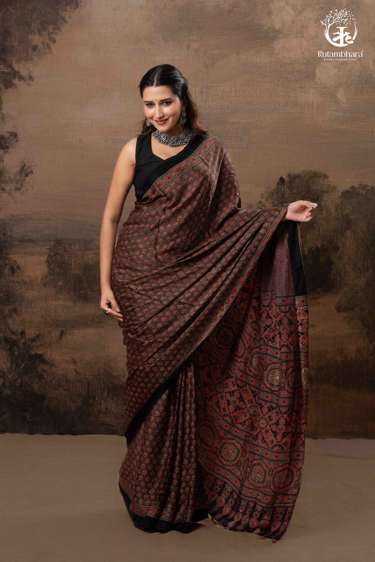 Ushraa - Sandstone Ajrakh Modal Silk Saree with Hand Embroidered Pallu