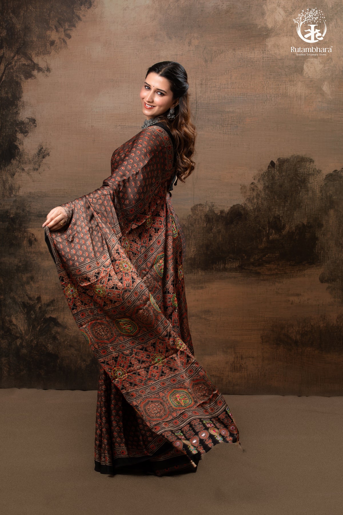 Ushraa - Sandstone Ajrakh Modal Silk Saree with Hand Embroidered Pallu