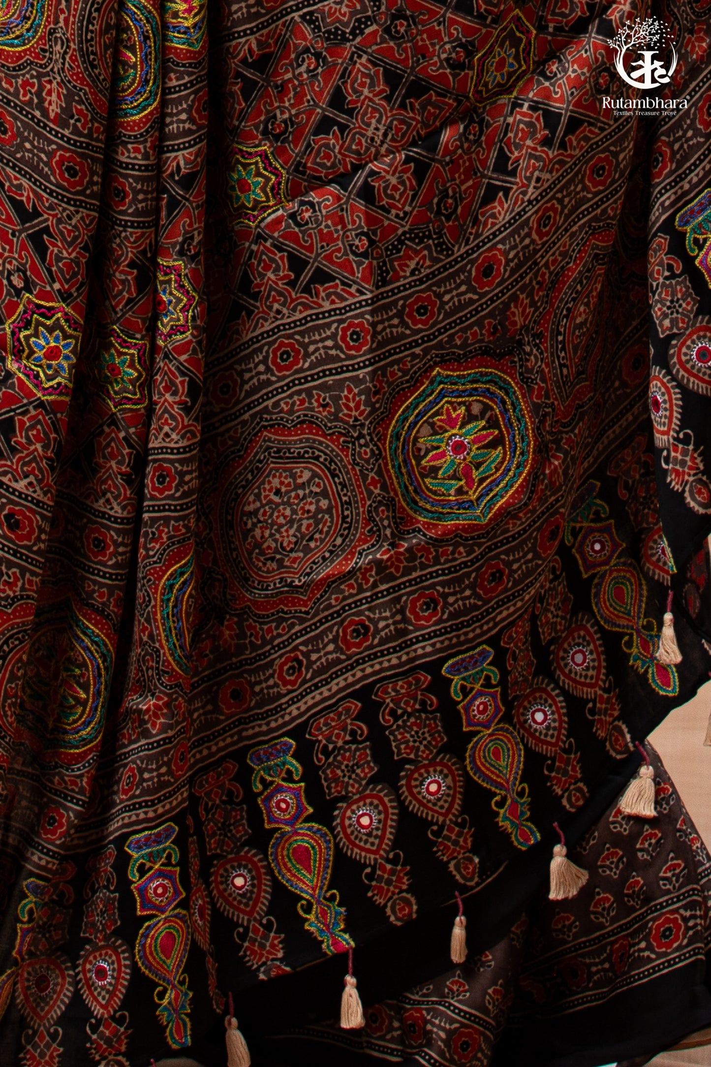 Ushraa - Sandstone Ajrakh Modal Silk Saree with Hand Embroidered Pallu