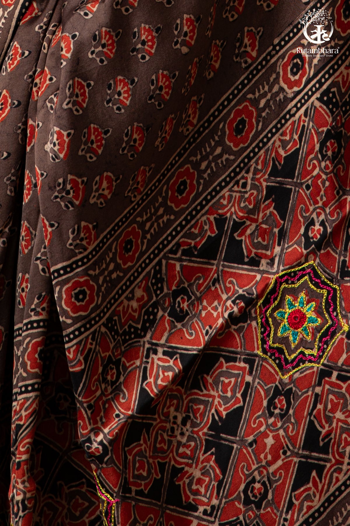 Ushraa - Sandstone Ajrakh Modal Silk Saree with Hand Embroidered Pallu