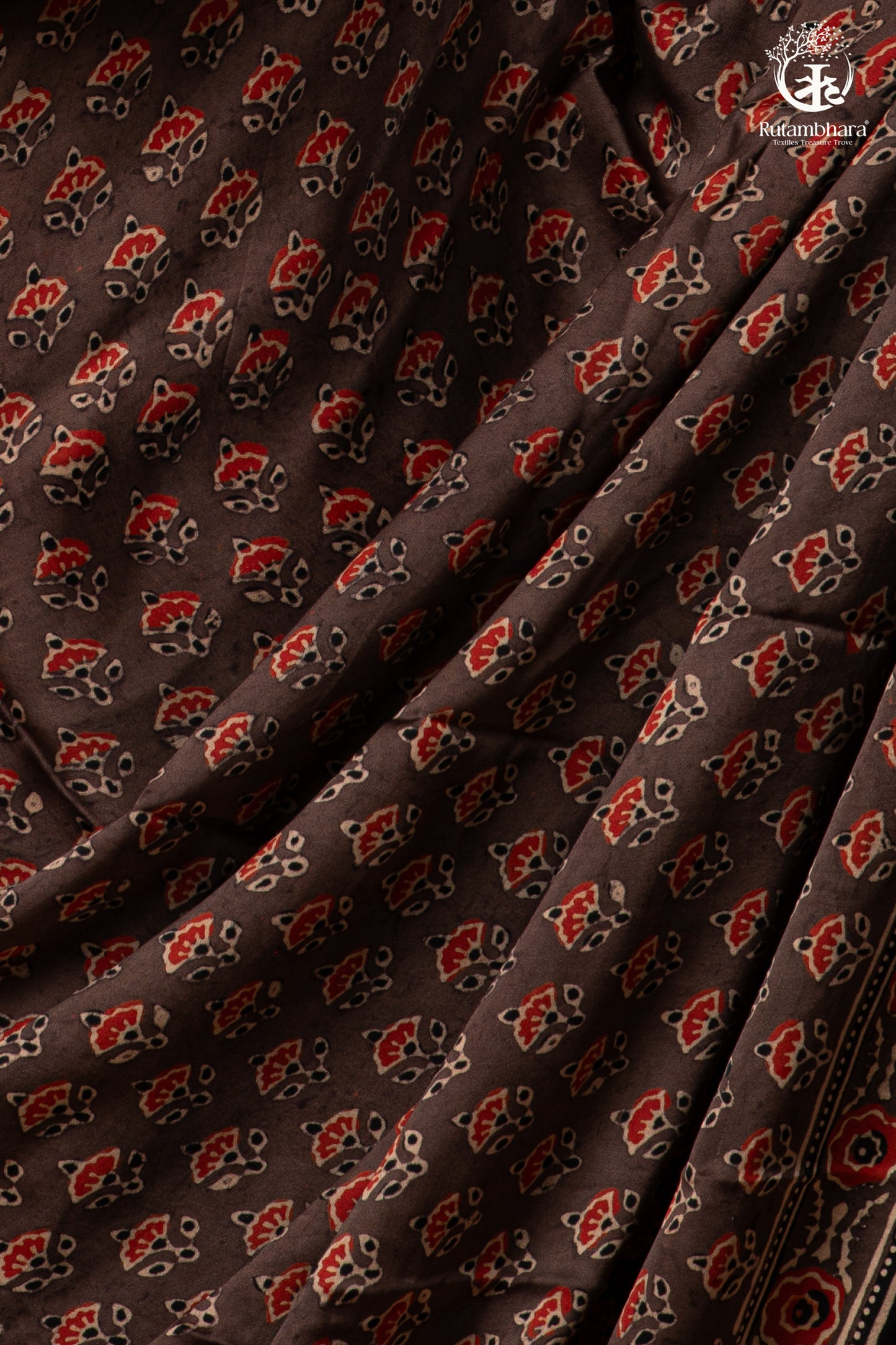 Ushraa - Sandstone Ajrakh Modal Silk Saree with Hand Embroidered Pallu