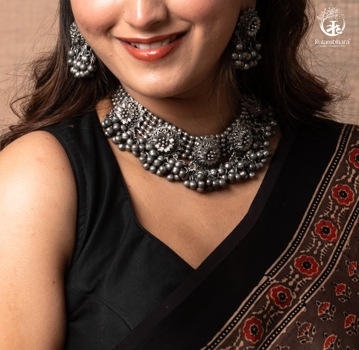 Ushraa - Sandstone Ajrakh Modal Silk Saree with Hand Embroidered Pallu