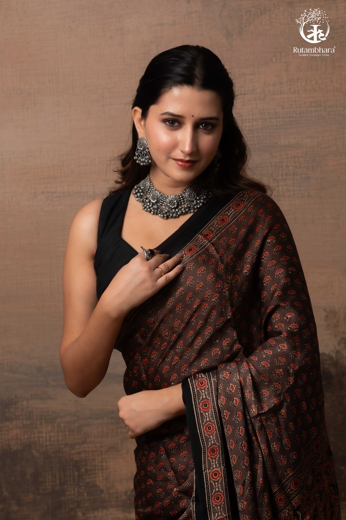 Ushraa - Sandstone Ajrakh Modal Silk Saree with Hand Embroidered Pallu