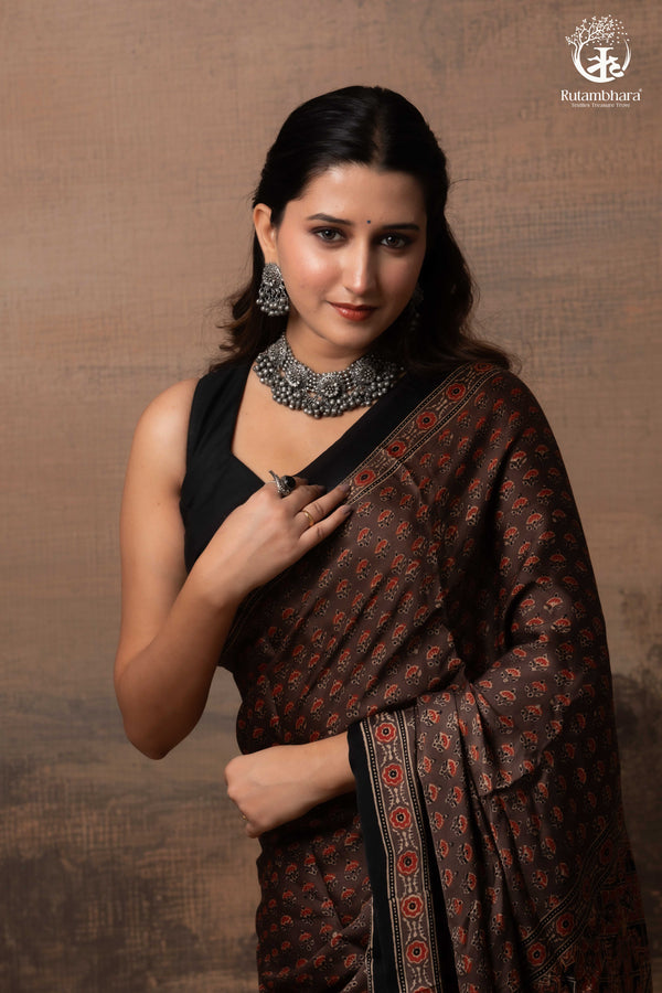 Ushraa - Sandstone Ajrakh Modal Silk Saree with Hand Embroidered Pallu-RUTAMBHARA-RUTAMBHARA